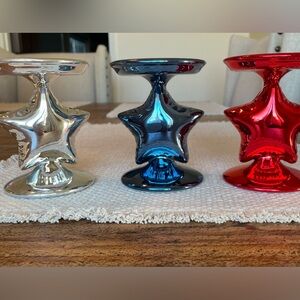 NWT Star-Shaped Single Wick Candle Holders - Silver, Blue, and Red